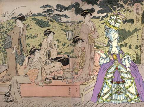 Paul Binnie “A Contest of Contemporary World Fashion [Amherst]” Composite with triptych (Katsukawa Shuncho's Picnic Party in Autumn c.1785) thumbnail