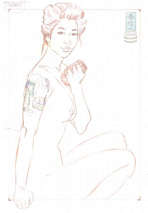 Paul Binnie “Harunobu's Bathtub” Hanshita-e in conté and pencil thumbnail